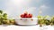 A minimalistic scene of marble white and gold podium display with natural strawberry garden frui