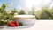 A minimalistic scene of marble white and gold podium display with natural strawberry garden frui