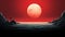 Minimalistic Science Fiction Illustration: Red Moon Above The Ocean