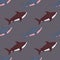 Minimalistic seamless aqua pattern with shark maroon ornament. Grey dark background. Nature print