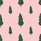 Minimalistic seamless contrast pattern with green tree silhouettes. Light pink background