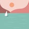 Minimalistic seascape. Image of a sailing boat against a background of mountains