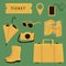 Minimalistic set of travel items. ticket, map, suitcase, rubber boots, umbrella, sunglasses, player, camera, pointer on the map.