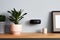 minimalistic smart speaker on a floating wall-mounted shelf