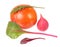 Minimalistic still life with unexpected combination of blood orange, pink radish, fresh chard and arugula green leaf