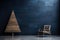 Minimalistic style Wooden Christmas Pallet tree, wooden Chair, interior decor on navi empty wall background, Zero waste