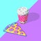 Minimalistic stylized collage isometry art. 3d render creative pizza and coffee cup design. Party, junk food, fast food concept