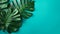 Minimalistic tropical green leaves on vibrant blue background, nature inspired concept