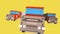 Minimalistic, voxel 3d animation: Three Big Rig Semi-Trailer Hauling Trucks pass