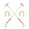 Minimalistic watercolor illustrations of golden horseshoes and horse polo sticks , isolated. Illustration on the theme