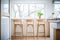 minimalistic, wooden counter chairs by the window of a bright kitchen