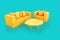 Minimalistic yellow sofa and armchair over teal background. 3D illustration