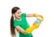 A minimum effort on cleaning the house. Small housekeeper holding dish sponges in rubber gloves. Cleaning and washing up