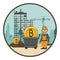 Mining bitcoin and worker with shovel and wagon