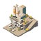 Mining isometric. Rock mine industry production quarry construction technics vector composition