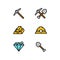 Mining Miner flat icon set with helmet, pick axe, shovel, shining diamond, and gold