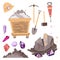 Mining mineral color icons set. miner equipment. Trolley, minerals and tools. Vector illustration