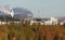 Mining plant in Russia, autumnal forest, factory buildings,