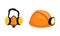 Mining Safety Equipment with Hard Hat with Flashlight and Ear Protection Vector Set