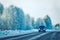 Minivan and cars in road in Finland winter Rovaniemi, Lapland