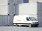 Minivan near white storage containers. 3d rendering