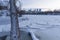 Minneapolis skyline and frozen mississippi river at dusk