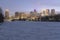 Minneapolis skyline and frozen mississippi river at twilight