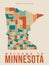 Minnesota tourist vector poster with landscapes, sightseeing in flat vintage style. Map of Minnesota