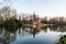 Minnewater Park Lake of Love winter panoramic view, Bruges, West Flanders, Belgium