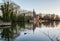 Minnewater Park Lake of Love winter panoramic view, Bruges, West Flanders, Belgium
