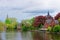 Minnewaterpark and Minnewater lake in old town of Brugge