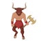 Minotaur with battle ax. Mythical greek colored powerful creature the half human bull.
