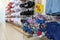 Minsk, Belarus - August, 2019 Big basket with different underwear. Department of women`s clothing in the store with percent red