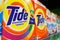 MINSK, BELARUS - August 21, 2019: Tide washing powder on a supermarket shelf close-up.