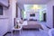 MINSK, BELARUS - January, 2019: luxure hall interior loft flat apartments in neon light