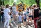 Minsk, Belarus, June 3, 2018: Animator in a suit of robot transformer among children in a city park.