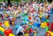 Minsk, Belarus, June 3, 2018: Children with parents play in the playground with various toys in the city park.