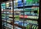 Minsk, Belarus, March 21, 2019: Many bottles of beer of different brands show on a shelf for sale in a supermarket