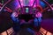 MINSK, BELARUS - MAY 2012: interior of stylish night disco club with neon blue violet light, disco mirror ball and bright
