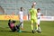 MINSK, BELARUS - MAY 6, 2018: Soccer players argue, conflict during the Belarusian Premier League football match between