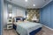 MINSK, BELARUS - SEPTEMBER, 2019: Interior of the modern luxure bedroom in studio apartments in blue light color style