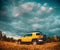 Minsk region Belarus -August 10, 2014: Yellow toyota fj cruiser xtreme car on a natural landscape background