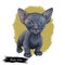 Minskin kitten digital art illustration of small kitty. Watercolor portrait of crossed Munchkin with Sphynx breed