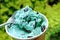 Mint Choc Chip Ice Cream Scooping with Spoon Against Blurry Green Foliage in the Backdrop