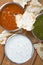 Mint chutney, mint yogurt and spicy pepper dip.