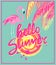 Mint color banner with hello summer hand drawing lettering, sun, pink palm leaves and flamingo. Art deco style