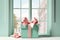 Mint gift box with pink bow on background of the window. Generative AI