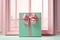 Mint gift box with pink bow on background of the window. Generative AI