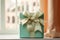 Mint gift boxes with bow on background of the window. Generative AI
