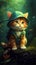 Mint Green Cap-Wearing Calico Cat with Vibrant Amber Eyes in Unreal Engine Style .